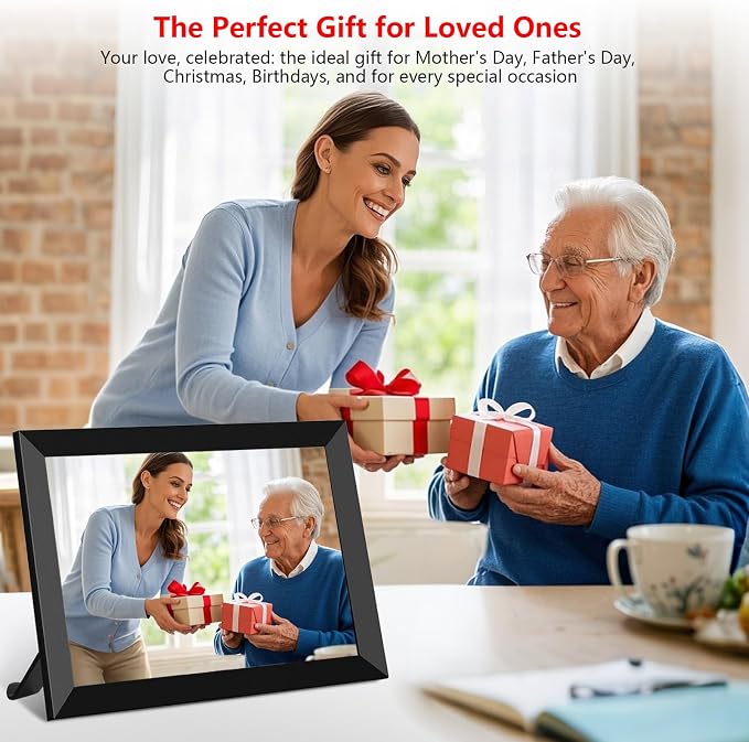 Frameo 10.1 Inch WiFi Digital Photo Frame with Calendar, 32GB Digital Picture Frame with 1280x800 IPS HD Touch Screen, Auto-Rotate Wall Mount, Easy Share Photos/Videos from Phone - Gifts for Mom