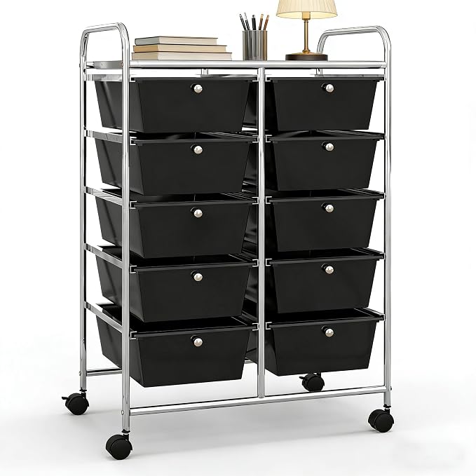 COSTWAY 10 Drawer Rolling Storage Cart, Utility Cart with Lockable Wheels | Mobile Art Supply Craft Organizer with Metal Frame, Multipurpose Drawer Cart for Paper for Office, School, Black