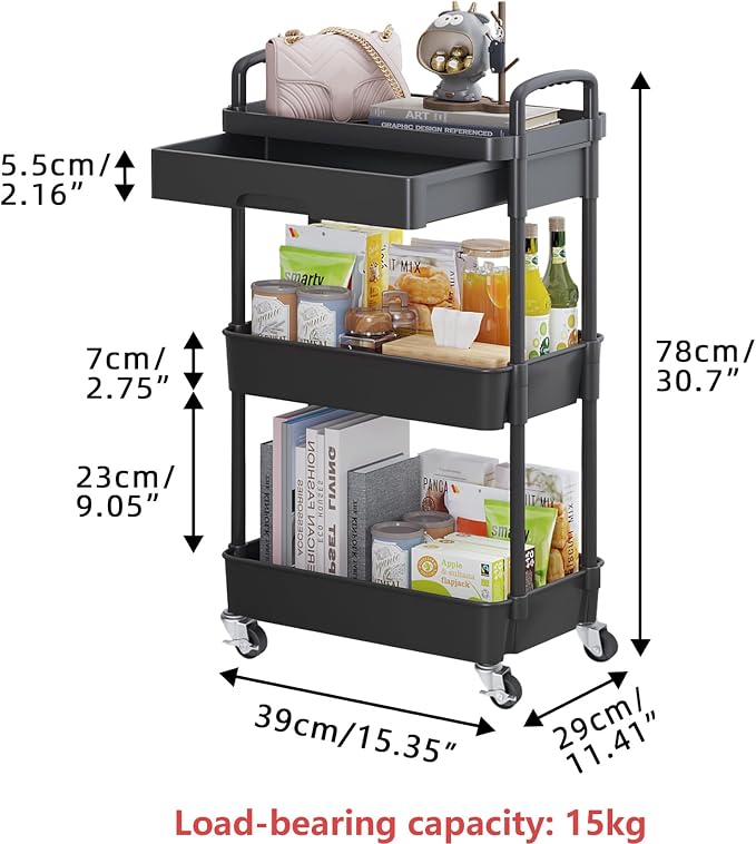 Calmootey 3-Tier Utility Cart with Drawer & Wheels, Storage for Home,Office | Space-Saving Organizer, Sturdy Plastic Shelves, Smooth-Rolling Metal Wheels, Built-in Drawer for Small Items, Black