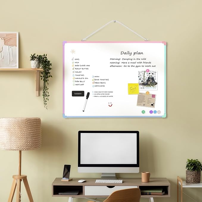 Dry Erase Board for Wall, 24" x 18" Double-Sided Hanging Magnetic Whiteboard with 6 Markers, 6 Magnets and 3 Mini Sticky Notes, Large White Board for School, Home, Office, Colorful Frame
