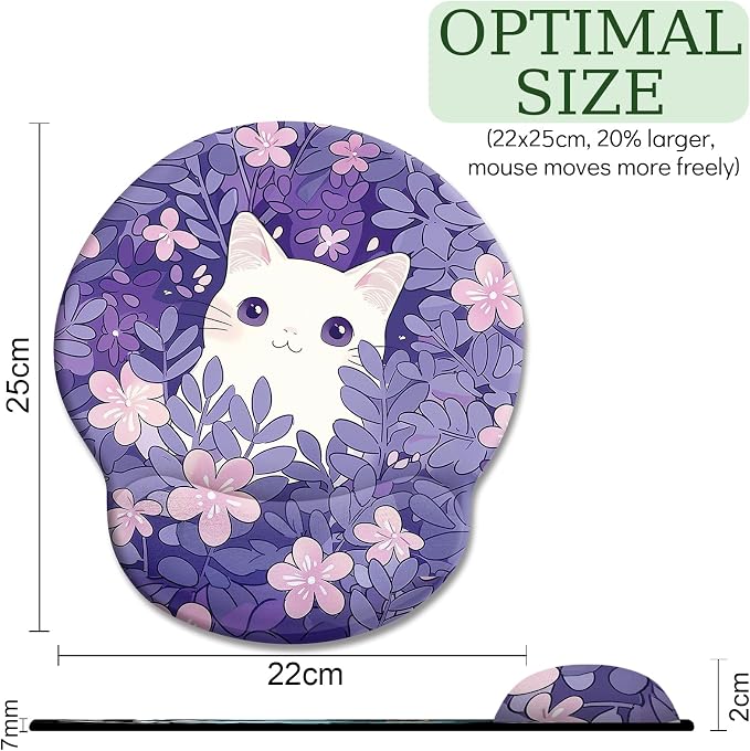 LIMKRIAN Purple Mouse Pad with Gel Wrist Rest, Cat Ergonomic Mouse Pad | Non-Slip PU Base, Smooth Surface, Comfort Wrist Support, Pain Relief, Cute Kawaii Purple Office Supplies Desk Accessories