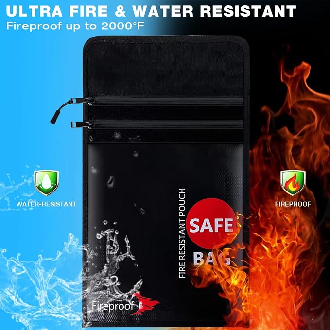 COLCASE Fireproof Document Bag 2 Pockets Fireproof and Waterproof Bag | 2000 ℉ 15 x 11 Inches Silicone Fiberglass Coated Fireproof Bag Black