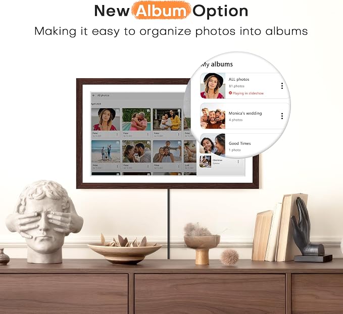 Digital Picture Frame Frameo, Large 15.6 Inch Digital Photo Frame, WiFi Electric Frame, 1920 * 1080 IPS FHD Touchscreen, 32GB, Tabletop&Wall-Mounted, Share Video Picture, Gifts for Mom, Black Walnut
