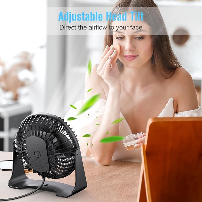 BESKAR USB Small Desk Fan, Portable Table Fans with 3 Speeds Strong Airflow | Quiet Operation and 360° Rotate, Personal Cooling Fan for Home, Office, Bedroom, 3.9 ft Cord
