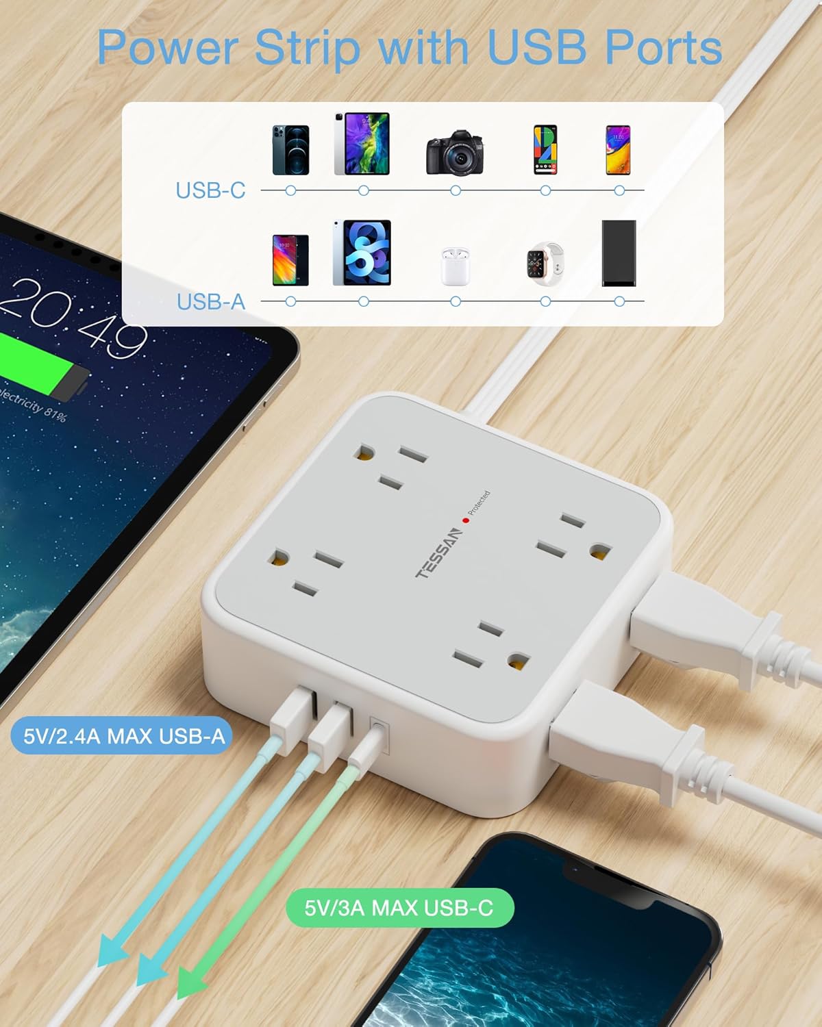 Surge Protector Power Strip 15 Ft Cord, TESSAN 8 Widely Spaced Outlets, 3 USB Charger(1 USB C Port), Ultra Thin Flat Plug Extension Cord 15 Feet, 900J Surge Protection for Home, Dorm Room Essentials