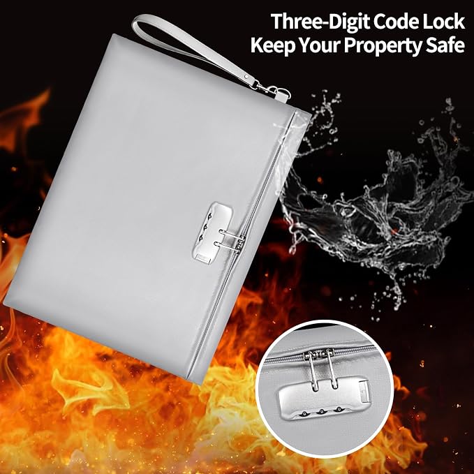 Fireproof Document Bag with Lock, ZOOPIP 14.3"x10.2" Fireproof and Waterproof Money Bag with Zipper Closure, Storage Pouch for A4 Letter Size Document, Cash, Cell Phone, Tablet,Passport-Gray