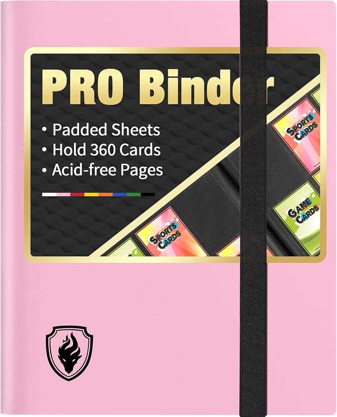 Heavy Duty Card Binder, Fabmaker 9 Pocket Trading Card Binder Holds 360 Cards, Sleek Side-Loading Card Album, Sturdy Card Collection Folder for Game Cards, Sport Cards, Pink