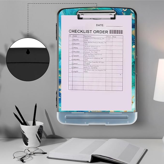 Clipboard with Storage,Storage Clipboard with Pen Holder,Heavy Duty Plastic Storage Clipboard with Low Profile Clip,Teacher Must Haves,Clipboard Folder,Office Supplies,Gold Marble -1336