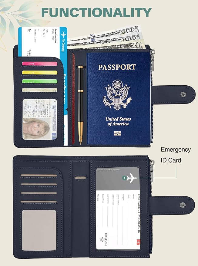RFID Passport Holder for Travel, Leather Passport Wallet Cover with Airtag | with Airtag Slot, Card Cash Holders, Zippered Coins Pocket, for Women/Men, Gift Box, Travel Essentials, 4.1"L x 1"W x 6.3"H