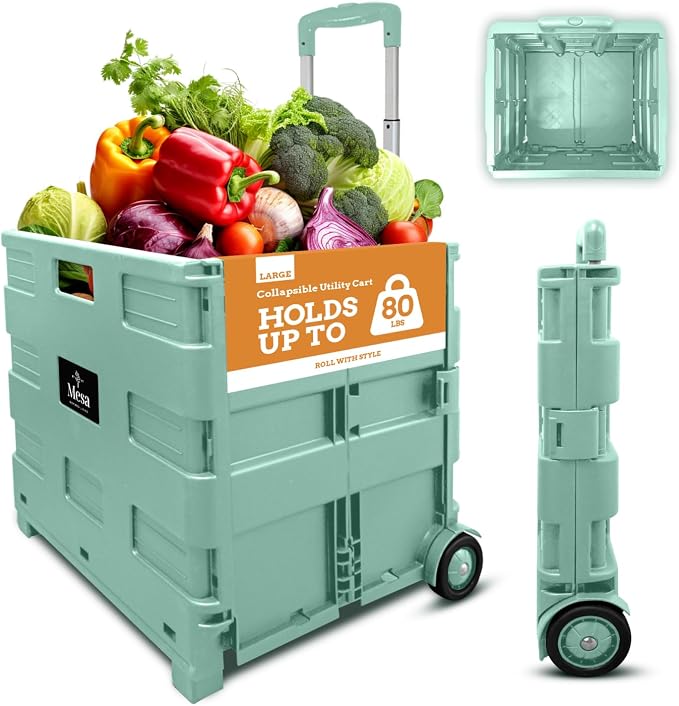 Ultra-Slim Rolling Collapsible Storage Pack-N-Roll Utility-carts, with Telescopic Handle, for Home, Garden, Shopping, Office, School use, Large, Mint