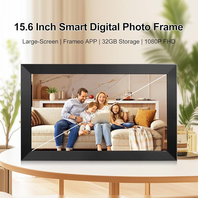 Digital Picture Frame 15.6 Inch Large Frameo Digital Photo Frame，32GB, 1920 * 1080 IPS HD Touch Screen, Electronic Picture Frame IPS Touch Screen with Auto-Rotate, Frameo Digital Frame WiFi(Black)