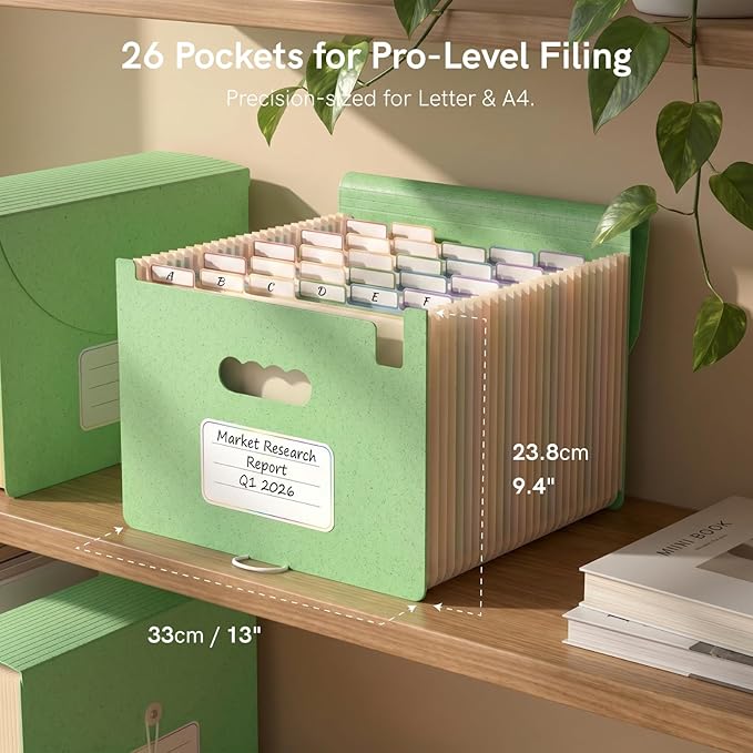 ABC life 26 Pockets Accordion File Organizer, Meadow Green | Expanding File Folder for Letter/A4 Size, Portable Document Holder with A-Z Tabs for Tax Receipt, School, Home, Office