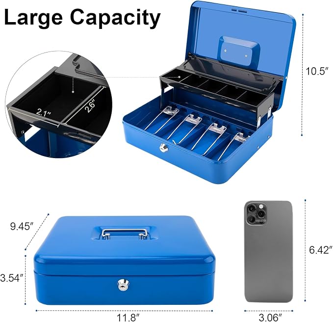 Jssmst Locking Metal Cash Box with Coin Lid, 11.8L x 9.5W x 3.5H Inches, Safe Money Box with Key Lock, Blue, SM-CB0513BL