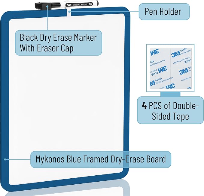 Mr. Pen- Dry Erase Board, 14” x 11” with a Black Dry Erase Marker | Dark Blue Frame, Small Mini White Board for Students, Fridge, Wall, Locker, Includes Double Sided Tapes