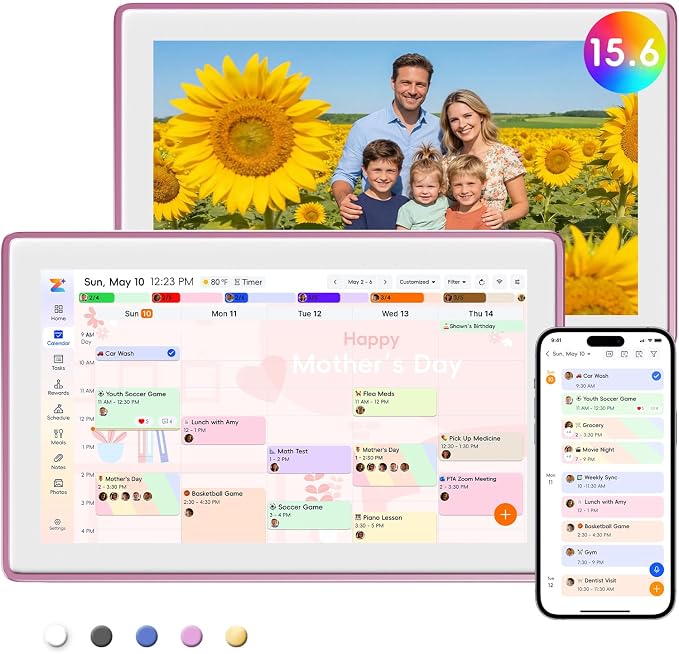 Westsee 15.6" Digital Calendar, No Subscription Smart Family Planner, Interactive Touchscreen Electronic Wall Calendar, Photo Display, Meals, Chore Chart & Tasks, Wall & Desk Mountable (Pink)