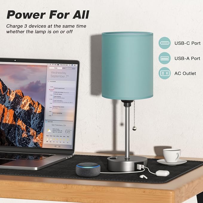Small Bedside Table Lamp for Bedroom - Desk Lamp with USB Ports for Dorm | USB A+C Ports, AC Outlet, 3 Color Temperatures, LED Bulb Included, Teal Fabric Shade, Sleek Silver Base, 14" Night Stand Lamp