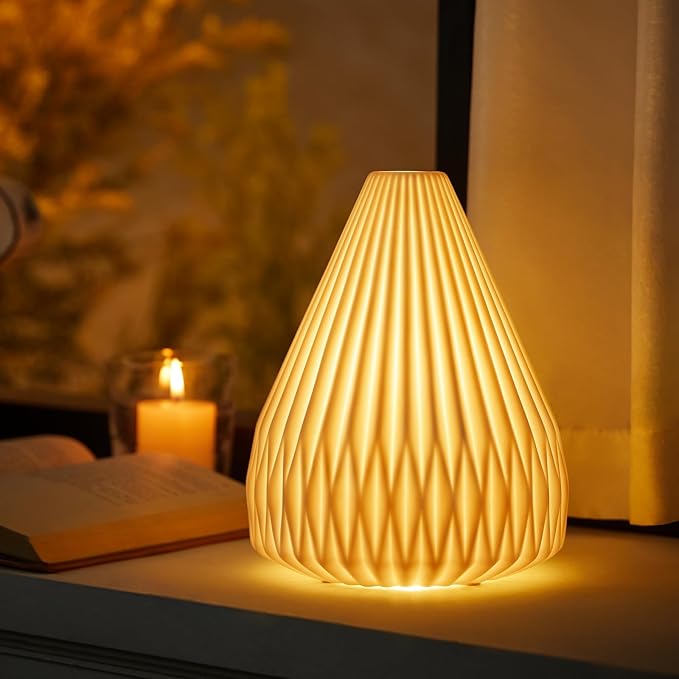 Modern Ceramic Decorative Table Lamp Living Room Bedroom Bedside | Handcrafted Unique Warm Ambient Lighting Lamp, Accent White Translucent Ceramic shade, Fully Dimmable, Corded, Bulb Included