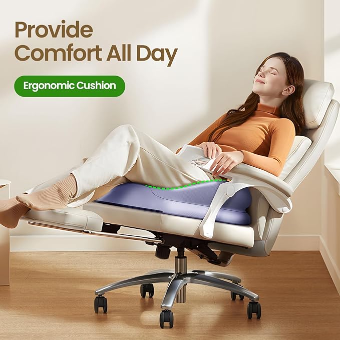 Benazcap Large Seat Cushion for Office Chair Memory Foam Coccyx Pain Relief Cushion Pillow for Back Support Non-Slip Seat Pad for Office Desk, Car Seat, Wheelchair, Sciatica-Blue