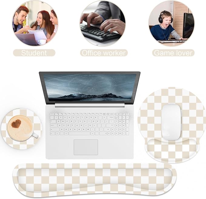 Ergonomic Mouse Pad with Wrist Rest and Keyboard Wrist Rest, Mousepad | Memory Foam Wrist Rest for Computer Keyboard, Pain Relief, Non-Slip Base, Mouse Pad Wrist Support for Gaming, Beige Checkered