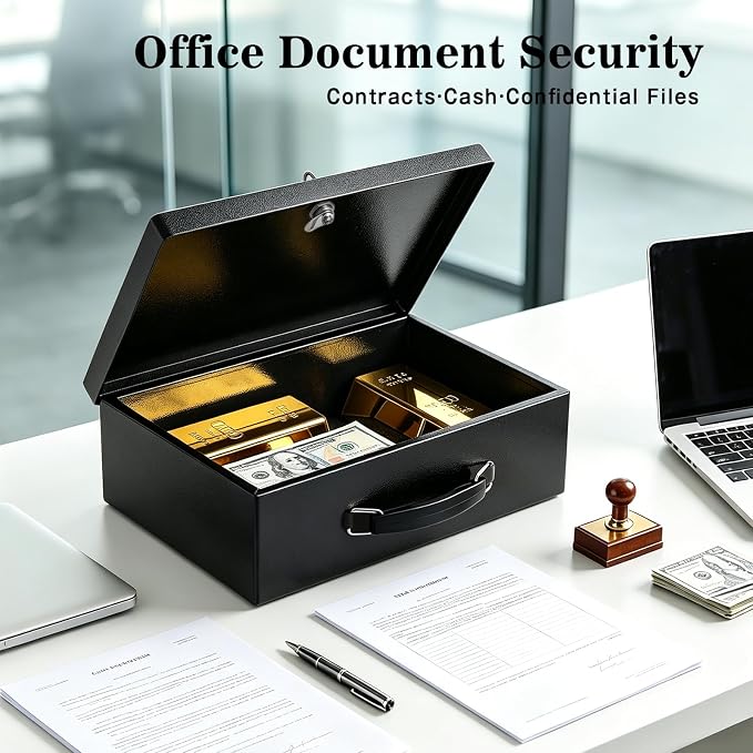 xydled Fireproof Document Box with Key Lock, Fire Safe Box, Black | Fire and water resistant lock box for documents, passports, cash and valuables, keeping secure at home, 12.8 x 8.5 x 4.5 Inch