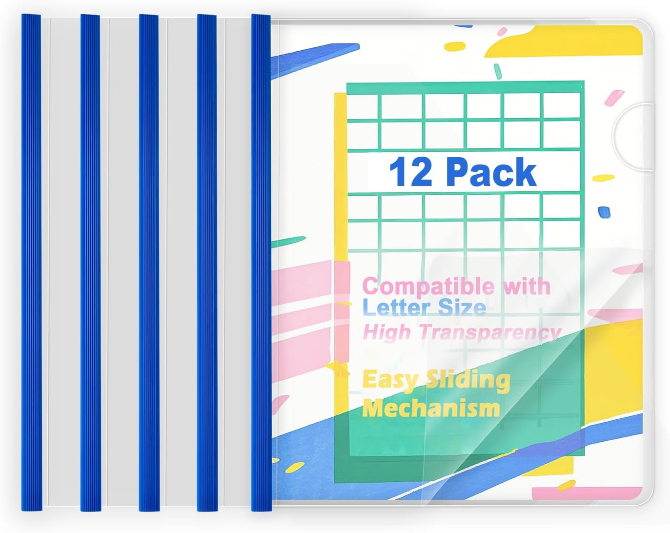 TOTiyea 12 Pack Clear Report Covers with Sliding Bars, 5mm (25 Sheet Capacity) Blue Sliding Bar File Folders, for Letter Size