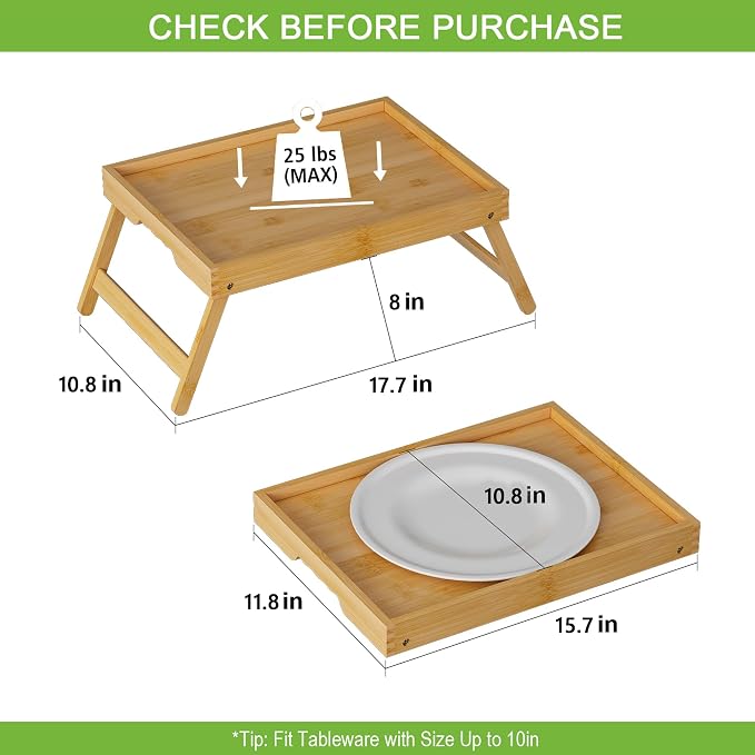 Youpehom Bamboo Bed Tray Table with Folding Legs, Medium, Bamboo | Bamboo bed tray with folding legs, handles and raised edges for meals, laptops, reading and serving in bed or on a sofa.