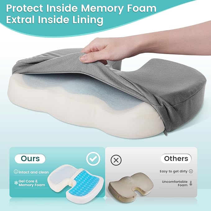 Office Chair Seat Cushion, Cooling Gel Enhanced Memory Foam Cushion for Long Sitting - Back, Sciatica, Coccyx, Tailbone Pain Relief Pillow - for Office, Gaming, Car, Wheelchair - Light Grey, Large