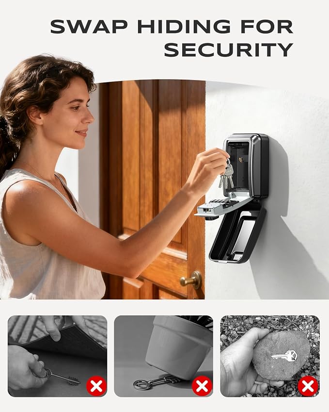 Wall-Mounted Lock Box for Keys with Code, Large Capacity 4 Digits Combination Key Lock Box with Resettable Spare Key, Weatherproof Key Safe Storage Lockbox for Home, Apartment, Office, Gray