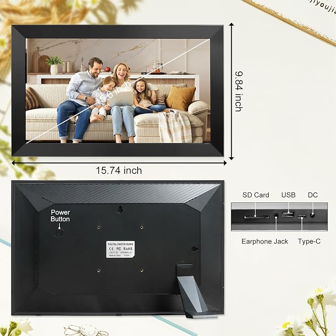 Digital Picture Frame 15.6 Inch Large Frameo Digital Photo Frame，32GB, 1920 * 1080 IPS HD Touch Screen, Electronic Picture Frame IPS Touch Screen with Auto-Rotate, Frameo Digital Frame WiFi(Black)
