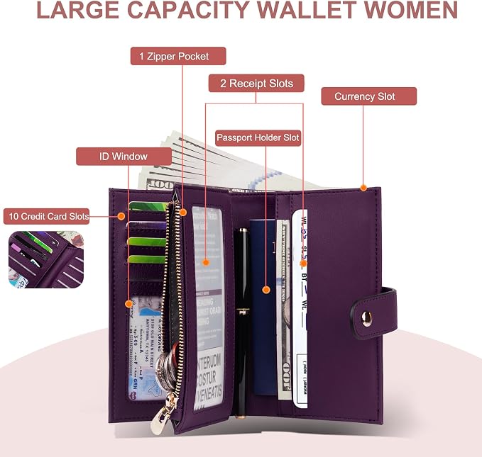 Womens Wallet RFID Blocking Vegan Leather Trifold Clutch Credit Card Holder Ladies Travel Wallet Purse with Passport/Pen Holder