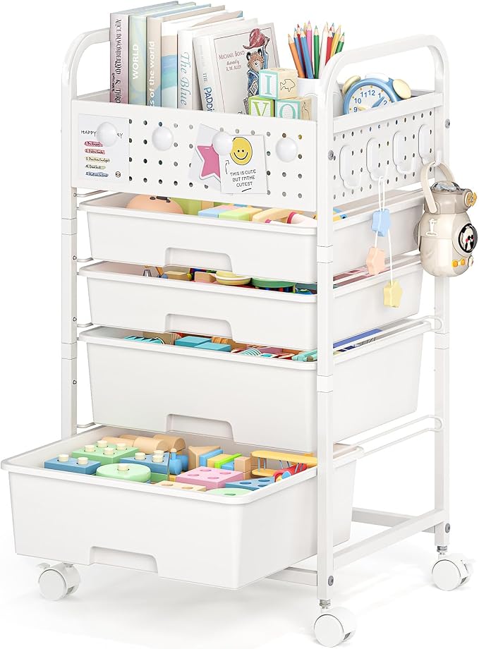 SYKIARIOL 4 Drawer Rolling Storage Cart with Pegboard Top and Hooks, White | Mobile Organizer Cart with Wheels for Office Supplies, Craft Storage, Classroom Organization, Home Utility Cart