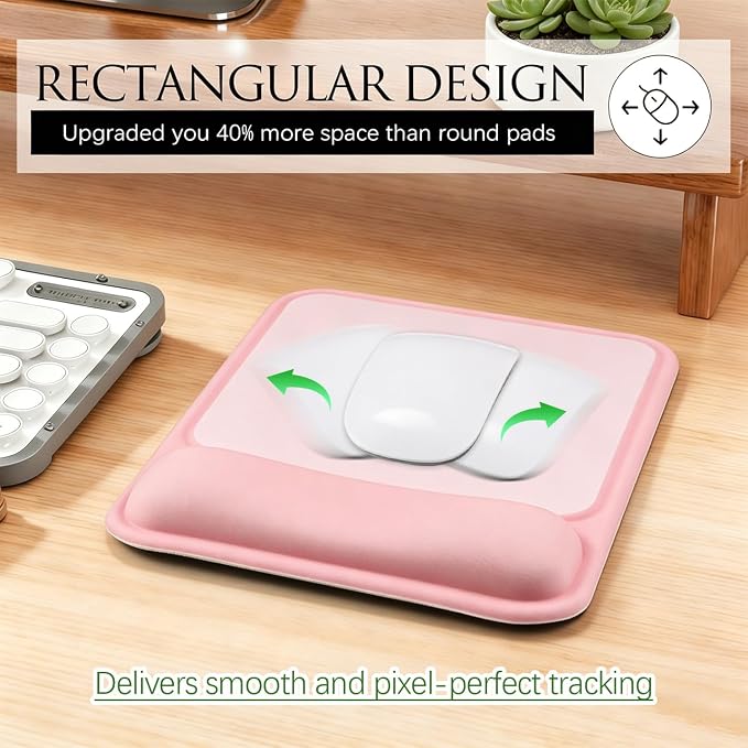 JIKIOU Ergonomic Mouse Pad with Gel Wrist Rest, 10 x 7.25 in, Pink | 40% Larger Rectangular Design-No More Hitting Edges Mid-glide, Savior of Pain Relief, Smooth Lycra Surface, Non-Slip PU Base