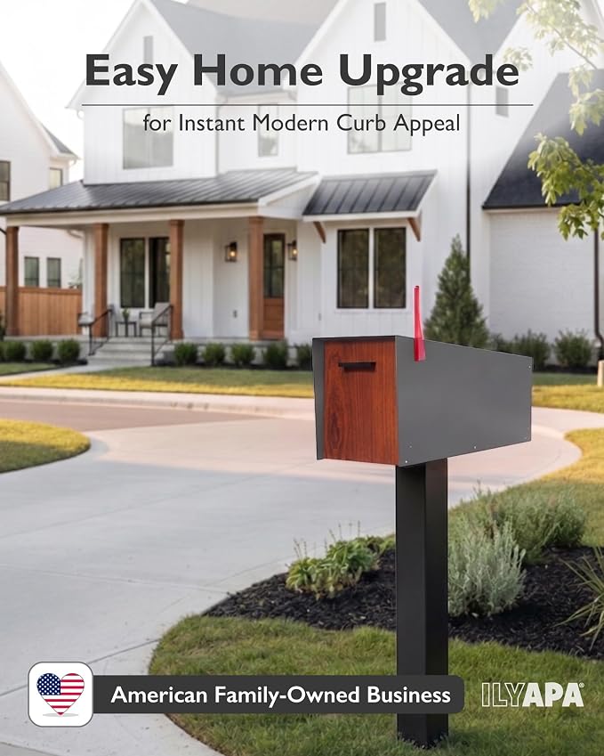 Ilyapa Modern Mailbox with Angle Design Post Mount - Metal Mailbox for Outside - Gray Exterior Mail Box - Powder Coated Steel - All Weather Resistant