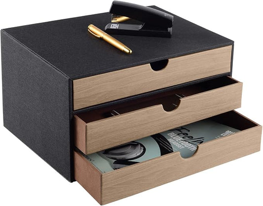PU Leather Desk Organizer with 3 Drawers,Executive Office Supplies Desktop Filing A4 File Cabinet/Holder for Jewelry/Bill/Paper/Documents/Makeup Home Decor Stationery Storage Box,Black