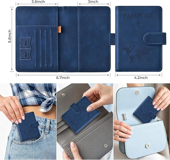 3-Pack Passport Holder + 2 PVC Covers, RFID, PU Leather(Dark Blue) | Waterproof,scratchproof, dustproof. Lightweight, slim. Keeps cards & travel docs organized for men & women