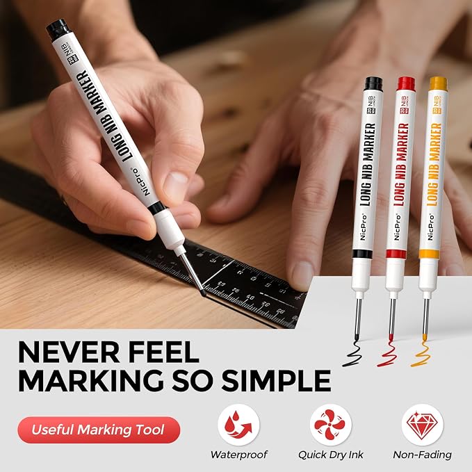Nicpro CP1000 Carpenter Pencils with Sharpener, 5 Pack | Construction Mechanical Pencil + 53 Refills, 3 Pcs Long Nib Marker Pens for Marking, Heavy Duty Carpenter Tools, Comfort Grip