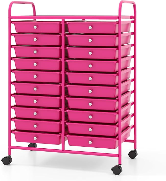 COSTWAY 20-Drawer Rolling Storage Cart, Utility Storage Organizer Cart | For Tools, Scrapbook, Paper, Craft, Multipurpose Storage Trolley on Wheels for Home Office School (Hot Pink)