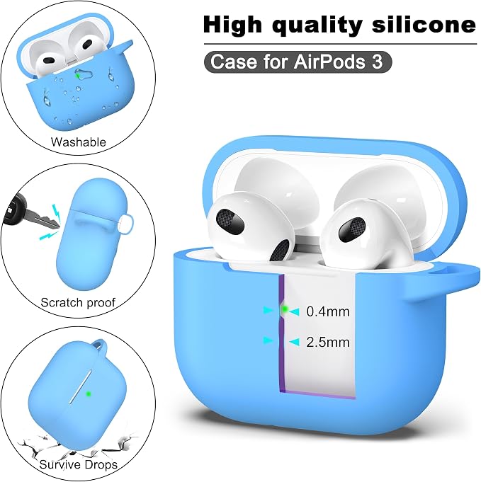 R-fun Compatible with AirPods 3 Case Cover, Silicone Protective Accessories Skin with Keychain Compatible with Apple AirPod 3rd Generation 2021 for Women Men Girls Boys,Front LED Visible,Light Blue