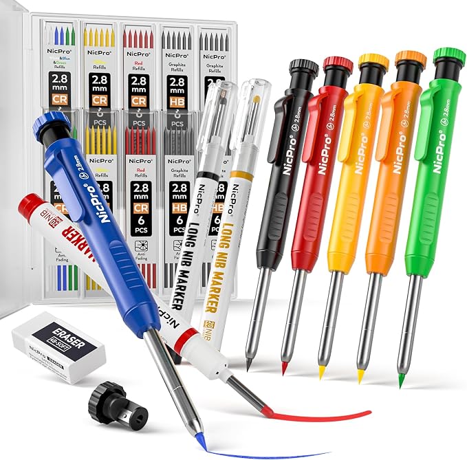 Nicpro CP1000 Carpenter Pencils with Sharpener, 6 Pack | ction Pencil+66 Refill & Long Nib Marker Pen, Heavy Duty Woodworking Tool Pencil for Construction Marking Comfort Grip