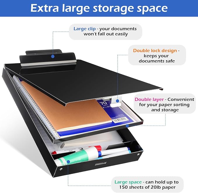 2 Pieces Metal Storage Clipboard Letter Size Heavy Duty Aluminum Clip Board 14'' x 9.06'' x 2.95'' Contractor Clipboard Dual Storage Form Holder Paper Holder with High Capacity Clip