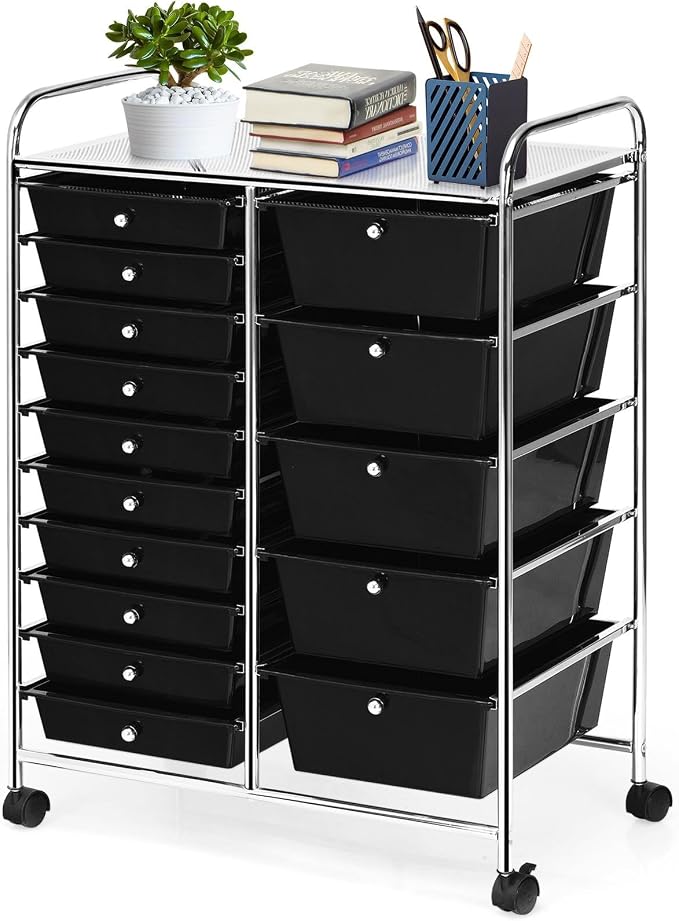 GLACER 15 Drawers Rolling Storage Cart, Steel Frame Craft Organizer Cart | Utility Cart w/Lockable Wheels & Sleek Handle, Mobile Art & Tool Supply Trolley for Teacher, Home, School, Office (Black)