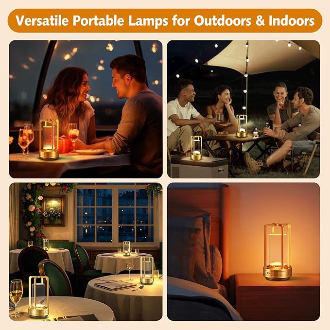 Rechargeable Table Lamp for Outdoor Indoor Portable Lamp with 3 Colors | Cordless Table Lamps - Dimmable LED Metal Battery Operated Lantern - Small Table Lamp for Bedroom/Bar/Coffee Shop/Camping