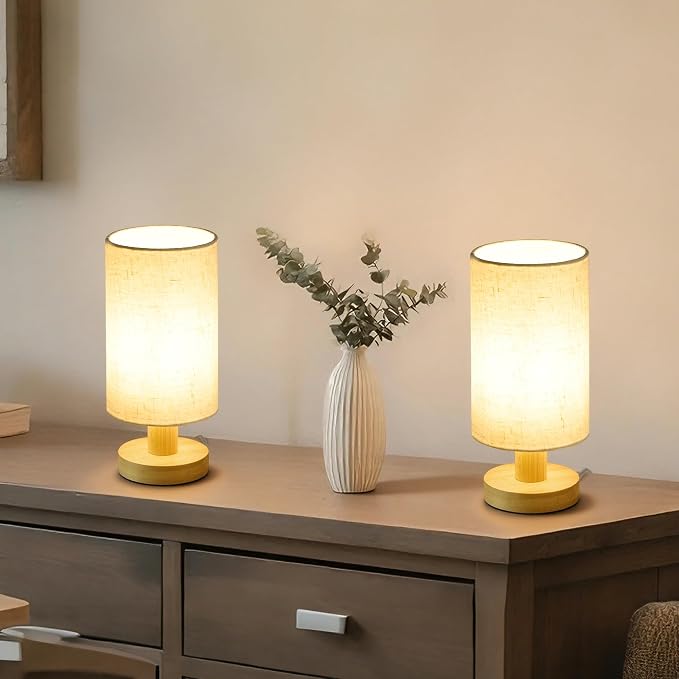 Bedside Lamps Set of 2, Bamboo Small Table Lamp for Nightstand | 10'' Minimalist Nightstand Lamps, Modern Desk Lamp for Bedroom, for Living Room, E26, Natural