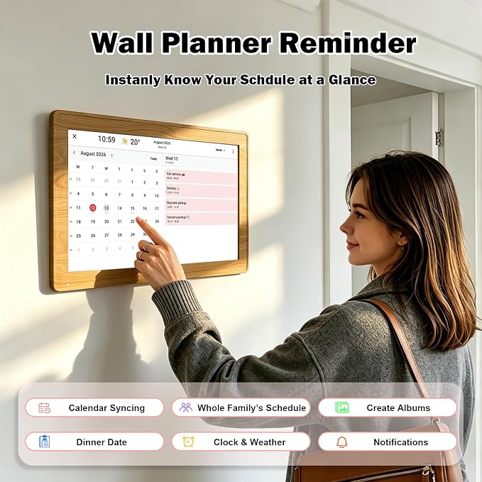 Digital Calendar 15.6 inch Wall Planner, Smart Touch Screen, Digital Calendar,Electronic Calendar & Digital Picture Frames Smart WiFi, Display for Family Schedules and meal planning,Great for Organizing Your Schedules,Planner,Teak Wood Grain