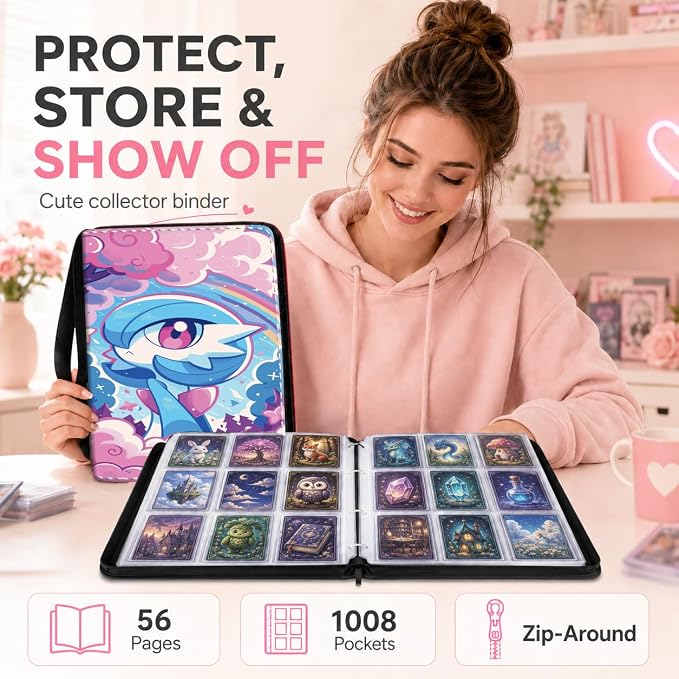 1008 Cute Card Binder 9 Pocket, 3-Ring Trading Card Binder with 56 Page Removable Sleeves, High Storage Waterproof Trading Card Holder Collection Card Album Organizer Case for TCG Cards - Blue