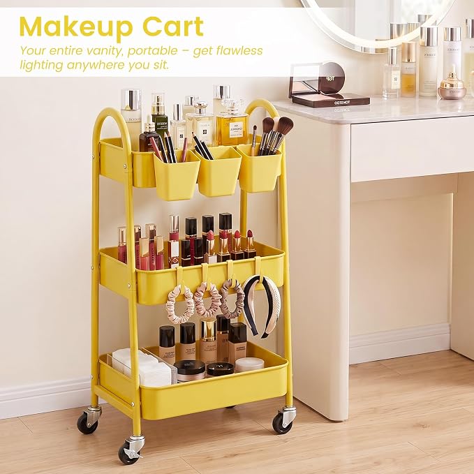 3-Tier Rolling Cart, Utility Cart Mobile Metal Rolling Storage Cart with Lockable Wheels & Hanging Cups & Hooks for Kitchen, Bathroom, Office, Workshop, Yellow
