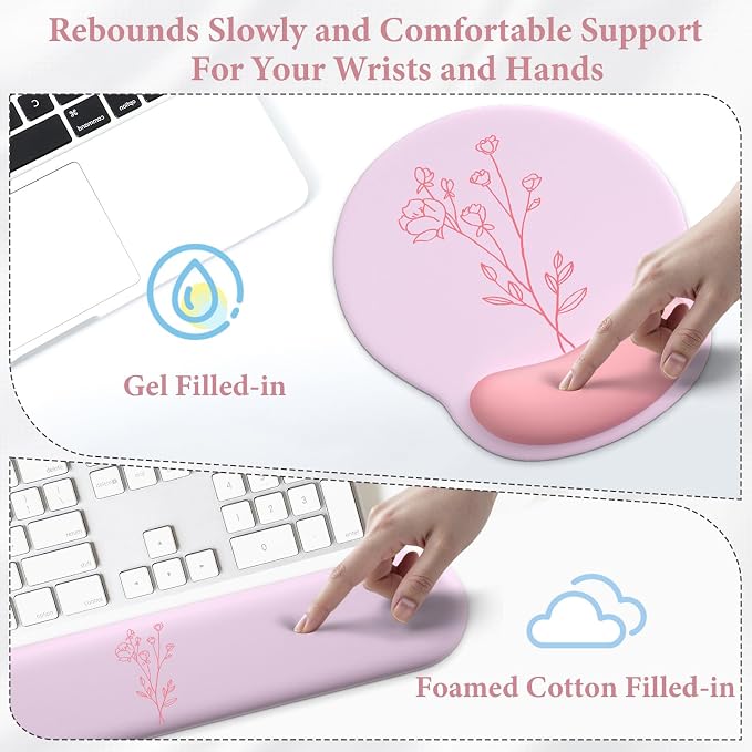 3 in 1 Ergonomic Mouse Pad and Keyboard Wrist Rest with Coaster Set-Pink | Cute Large Mousepad with Gel Wrist Support for Gaming Computer Laptop Women Office Home Desk Decor