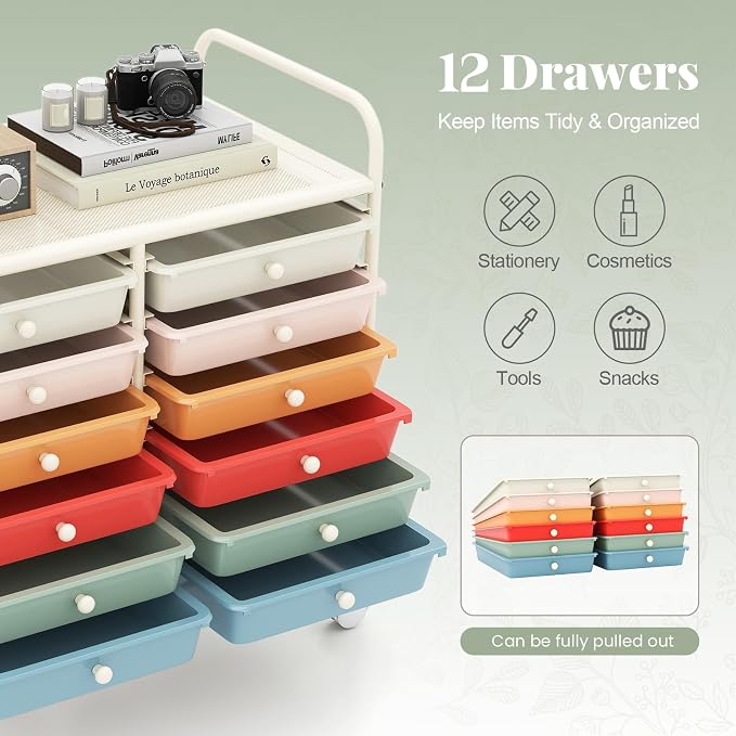 RELAX4LIFE 12-Drawer Rolling Storage Cart - Mobile Utility Cart on Wheels for School Classroom Teacher Office Salon, Paper File Art Supply Craft Organizer, Rolling Cart with Drawers (Macaron)