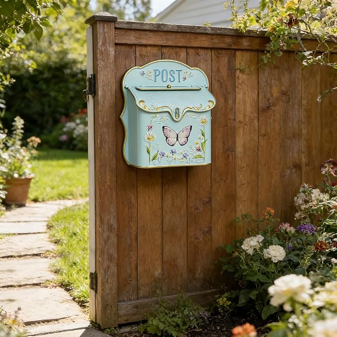 Mailbox Wall Mount Mailboxes for Outside Vintage Mail Boxes for House Outside Metal Drop Box Antique Style Nostalgic Charm Home Decorative Butterfly Green