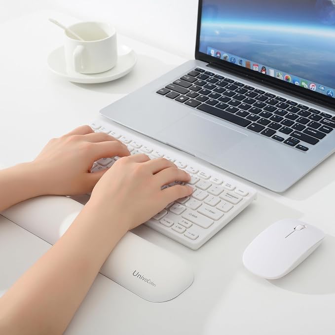 UnivoColors Design-Medium Wave Keyboard Wrist Rest of Medium, Artificial Sheepskin+Memory Foam+Ergonomic+Anti-Slip Gel, Resilience Support During Work and Gaming,Keyboard Accessory,White